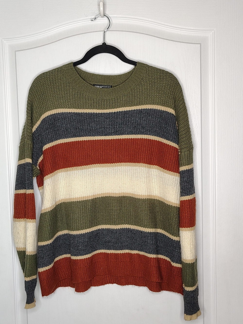SHEIN Olive, Rust & Cream Striped Crewneck Sweater